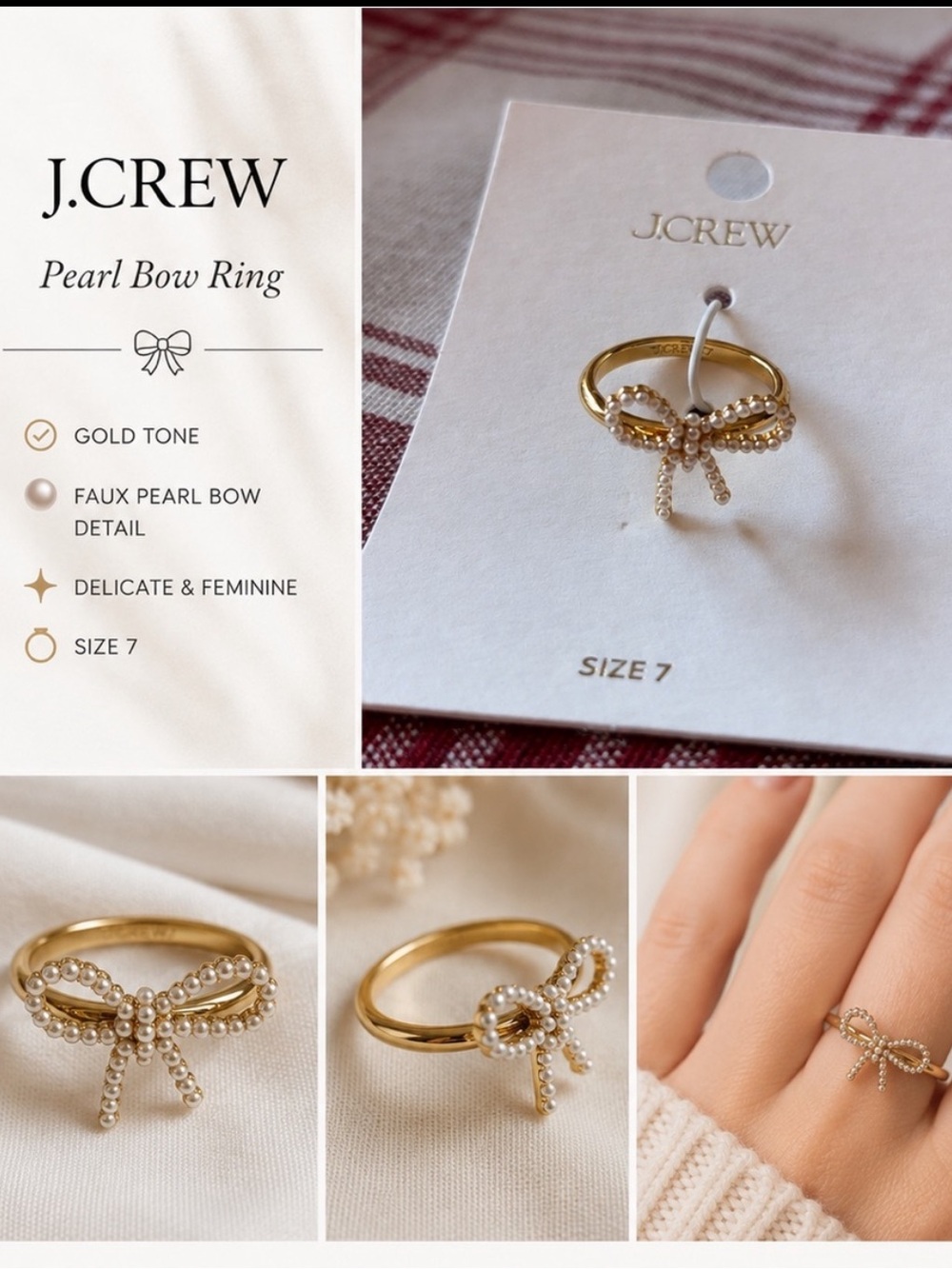 NWT J. Crew Gold Pearl-Embellished Bow Ring